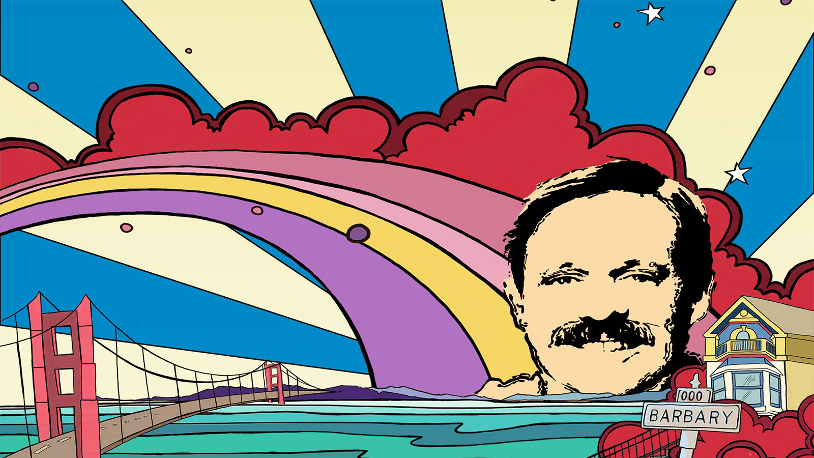 Graphic of a bridge over the ocean. The sky is blue and white striped and a rainbow that ends at a house is purple, yellow, pink and red. A man's mustached face is in front of the house.